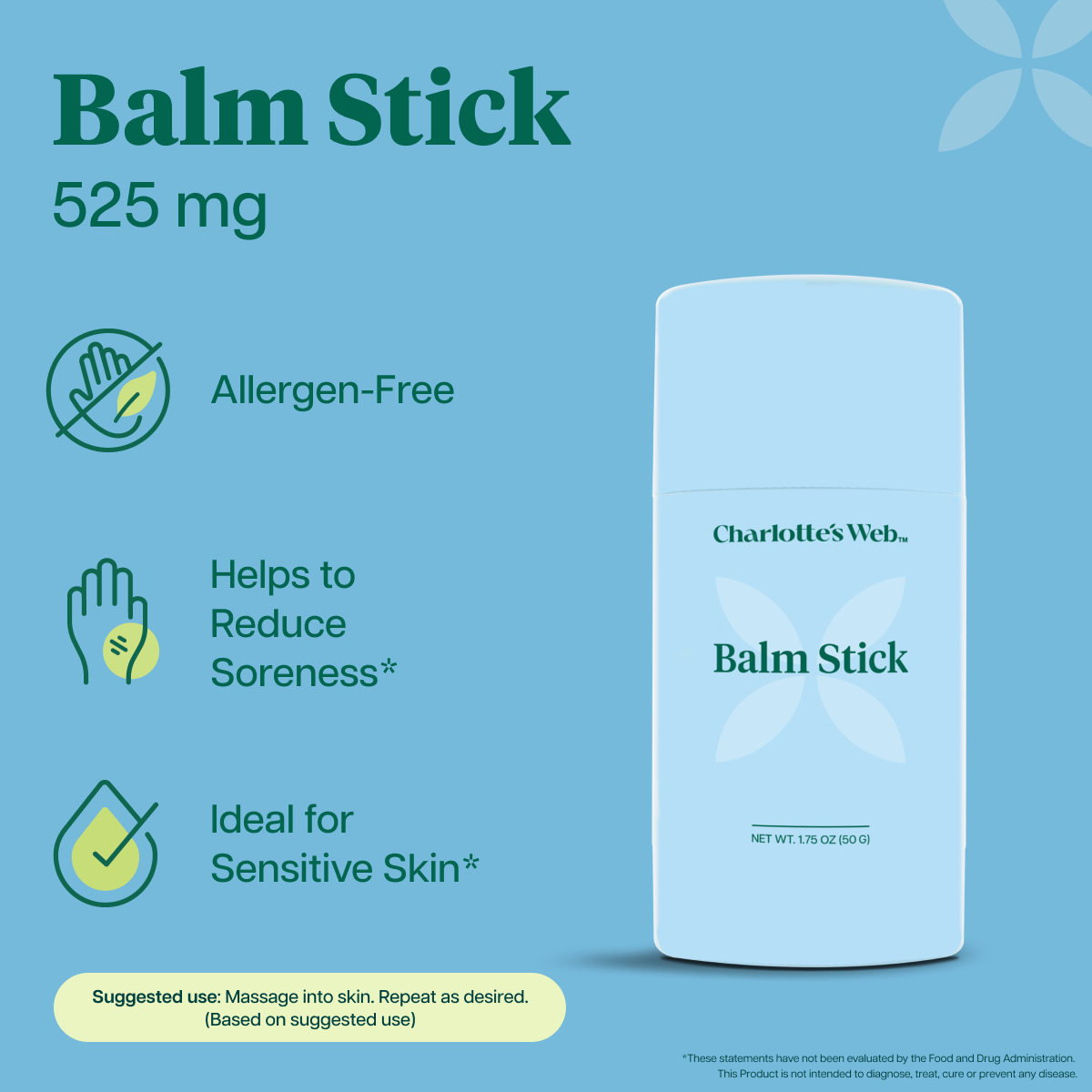 Charlotte's Web Balm Stick 525 mg hemp extract on a light blue background with informational text and icons about being allergen-free, reducing soreness, and suitable for sensitive skin.