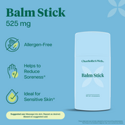 Product Image for Charlotte's Web Balm Stick 525 mg hemp extract on a light blue background with informational text and icons about being allergen-free, reducing soreness, and suitable for sensitive skin.