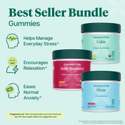 Product Image for Charlotte's Web best-selling gummies bundle, featuring Calm, Daily Recovery, and Sleep gummies with product features text and icons.