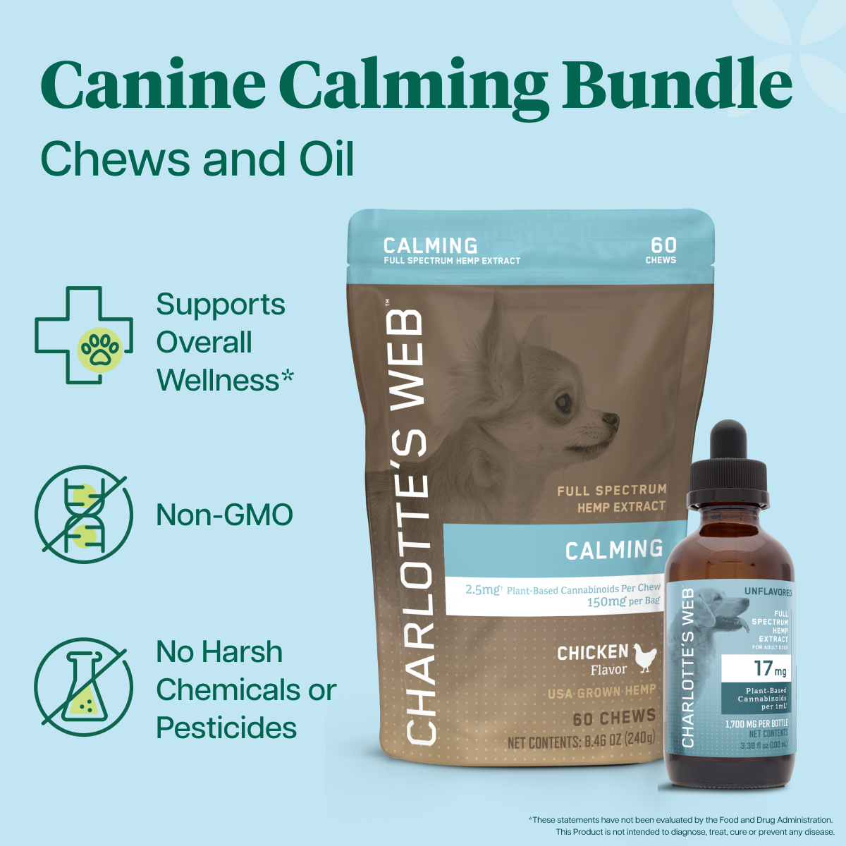 Charlotte's Web Canine Calming Bundle on a light blue background, featuring a 60-chew Calming Hemp Extract pouch and a 17mg hemp oil with product features text and icons.