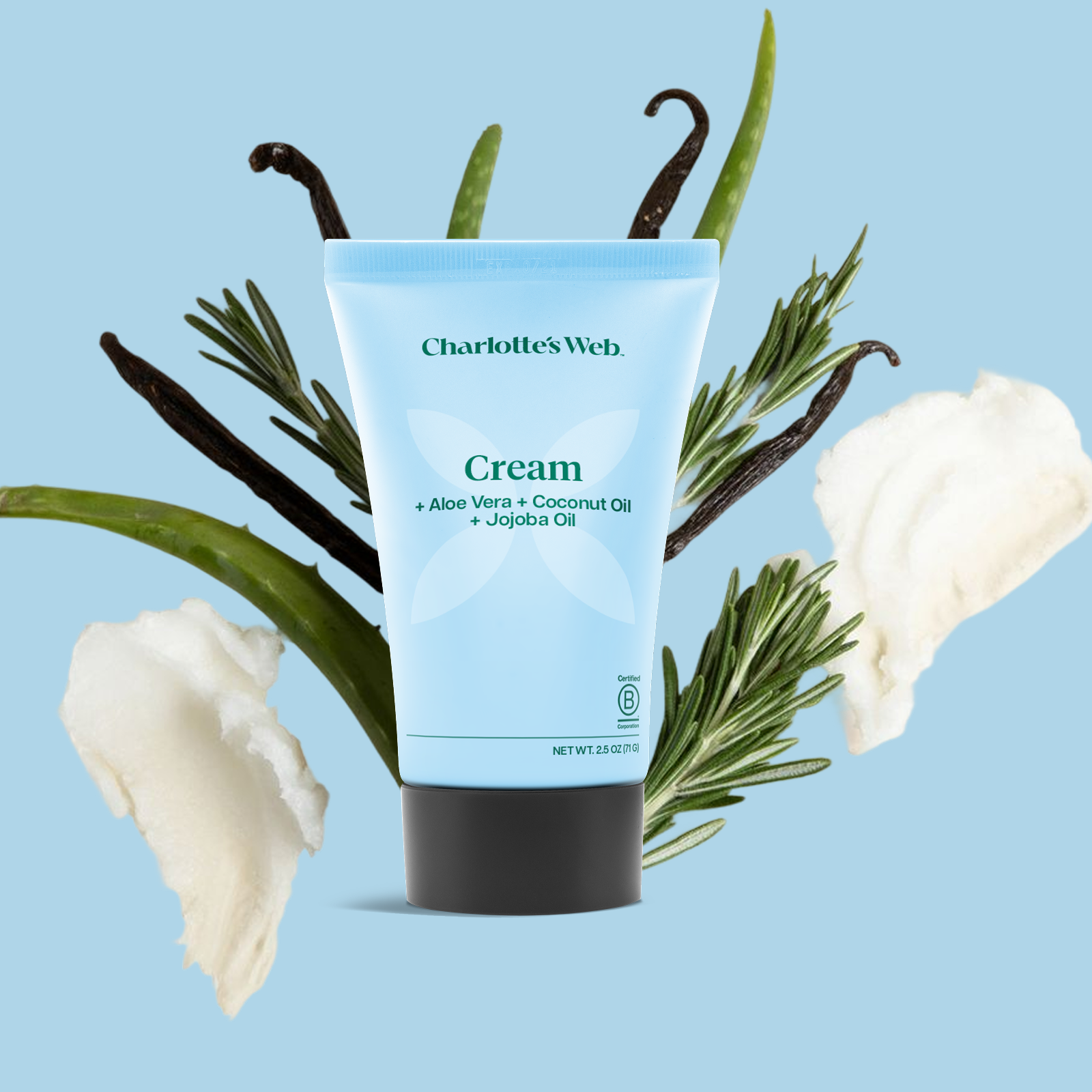 Product Image for Tube of Charlotte's Web cream with vanilla beans and rosemary on a light blue background