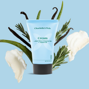 Product Image for Tube of Charlotte's Web cream with vanilla beans and rosemary on a light blue background
