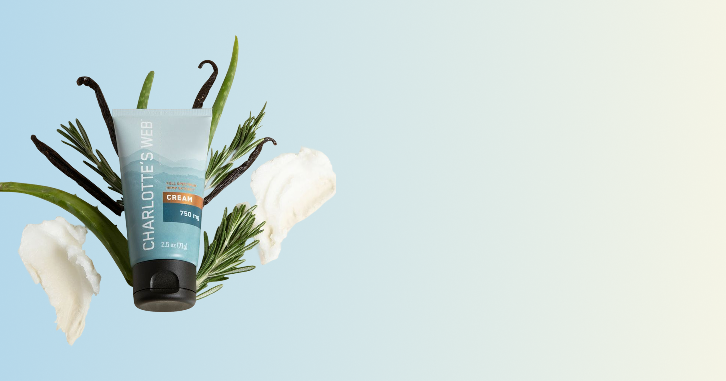 Cream bottle with vanilla beans and flowers on a light blue background