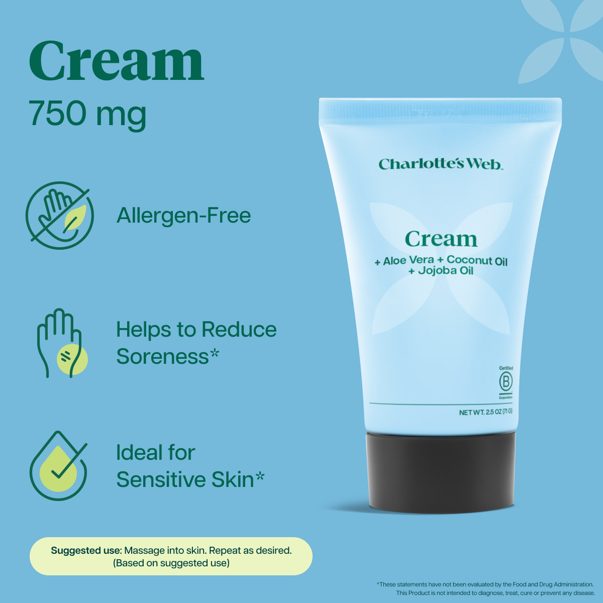 Charlotte Web Cream 750 mg hemp extract tube on a light blue background with product features for allergen-free, soreness-reducing, and sensitive skin use.