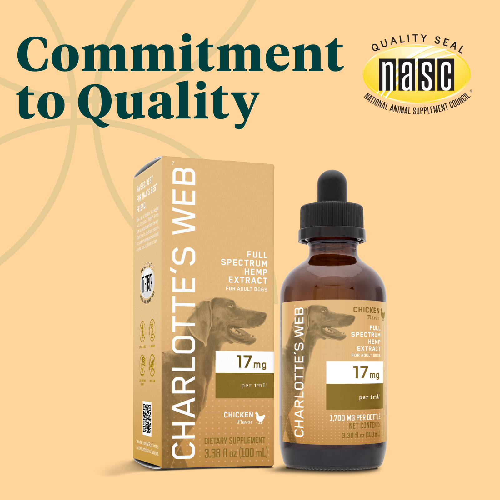 Product Image for Charlotte&#39;s Web full spectrum hemp extract bottle and packaging on a beige background with NASC seal.