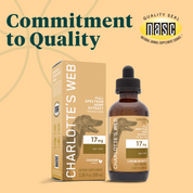 Product Image for Charlotte&#39;s Web full spectrum hemp extract bottle and packaging on a beige background with NASC seal.