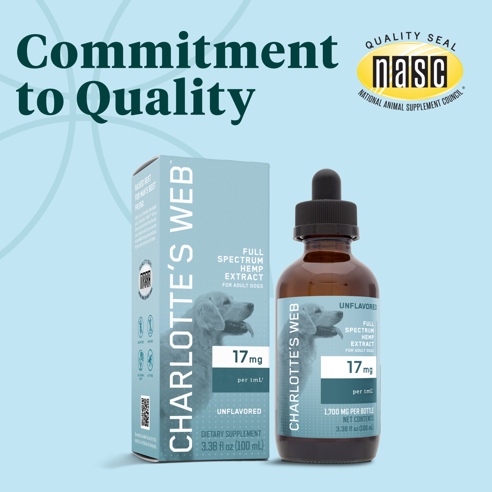 Charlotte's Web full spectrum hemp extract bottle and box on a light blue background with NASC quality seal.