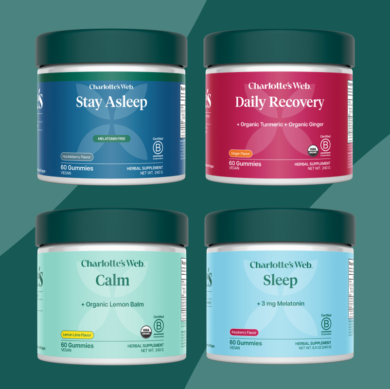 Four Charlotte's Web gummies jars labeled: Daily Recovery, Stay Asleep, Calm, and Asleep lined up on the right side of a teal and mint background.