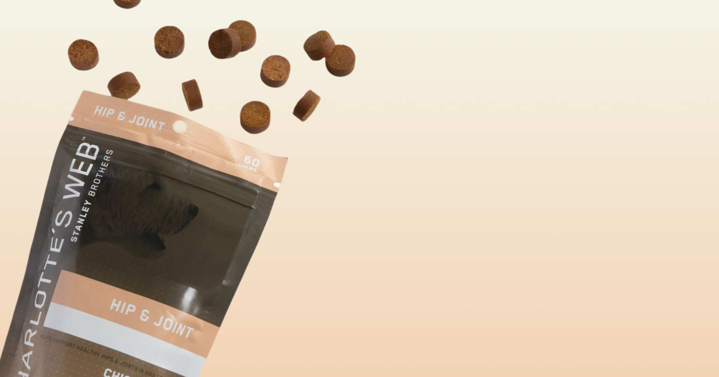 Package of Charlotte's Web Hip & Joint treats on a beige background