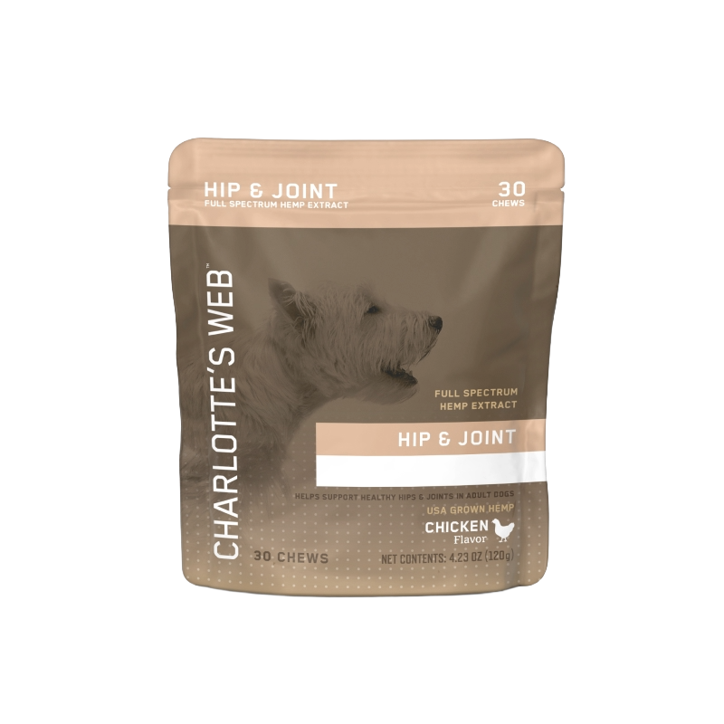 Product Image for Package of Charlotte&#39;s Web Hip &amp; Joint supplement for dogs on a white background