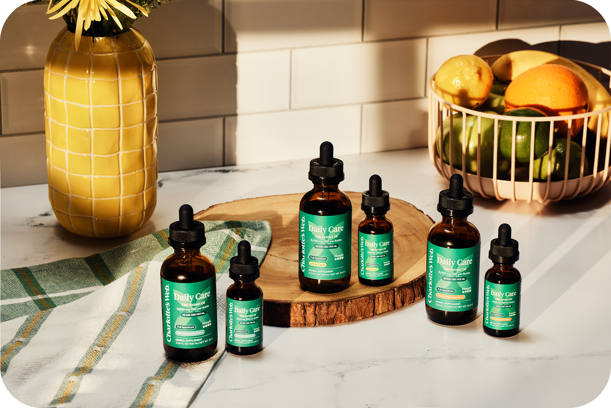 Charlotte's Web CBD Oils on a kitchen counter