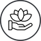 Black icon of open palm supporting lotus flower inside circular border on transparent background symbolizing mindfulness, healing, and holistic wellness.