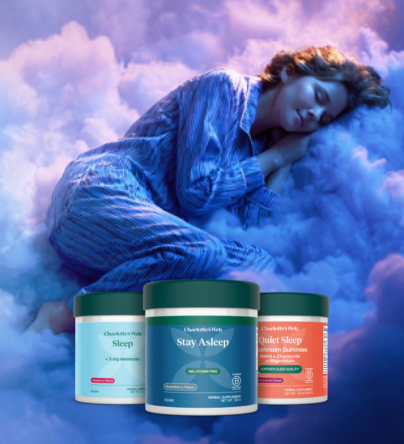 Person lying on fluffy clouds with Charlotte's Web Sleep gummy products displayed below