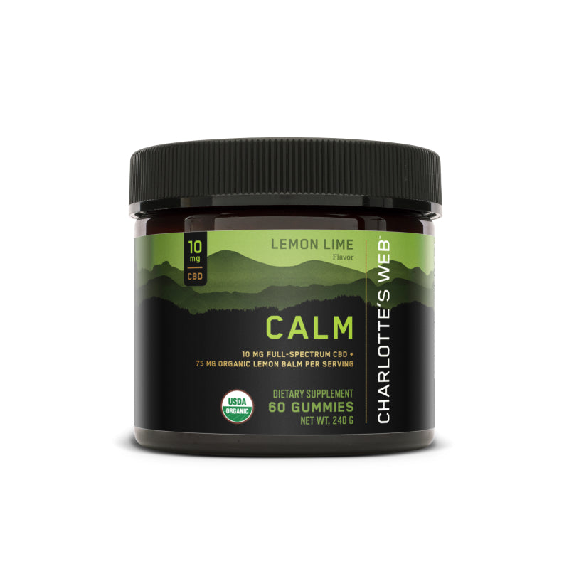 Product Image for Charlotte’s Web Calm gummies container with lemon lime flavor, green mountain label, 10 mg full-spectrum CBD and 75 mg organic lemon balm per serving, USDA Organic certified, 60-count dietary supplement.