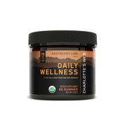 Product Image for Charlotte’s Web Daily Wellness gummies container with raspberry lime flavor, brown-black mountain label, 15 mg full-spectrum CBD per serving, USDA Organic certified, 60-count dietary supplement.