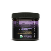 Product Image for Charlotte’s Web Immunity gummies container with lemon berry flavor, purple-black mountain label, 10 mg CBD, 90 mg Vitamin C, and 70 mg organic astragalus per serving, USDA Organic certified, 60-count dietary supplement.
