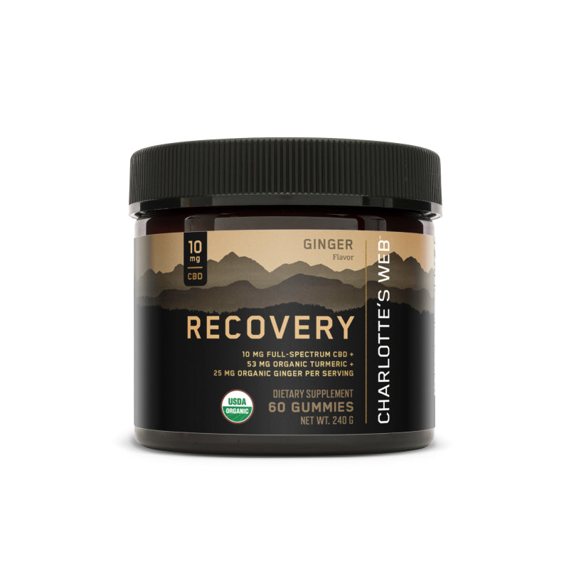 Product Image for Charlotte’s Web Recovery gummies container with ginger flavor, brown-black mountain label, 10 mg CBD, 25 mg organic ginger, and 50 mg organic turmeric per serving, USDA Organic certified, 60-count dietary supplement.