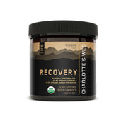 Product Image for Charlotte’s Web Recovery gummies container with ginger flavor, dark mountain label, 10 mg full-spectrum CBD, 25 mg organic ginger, and 50 mg organic turmeric per serving, USDA Organic certified, 90-count dietary supplement.