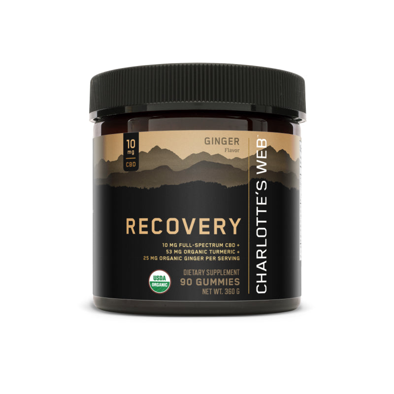 Product Image for Charlotte’s Web Recovery gummies container with ginger flavor, dark mountain label, 10 mg full-spectrum CBD, 25 mg organic ginger, and 50 mg organic turmeric per serving, USDA Organic certified, 90-count dietary supplement.