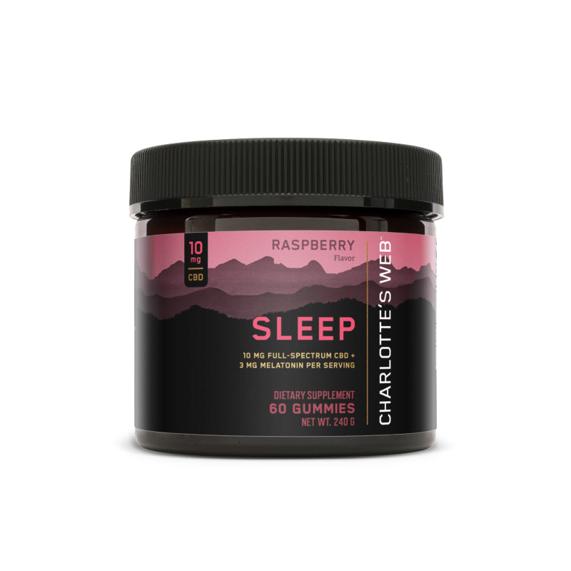 Product Image for Charlotte’s Web Sleep gummies container with raspberry flavor, pink-purple mountain label, 10 mg full-spectrum CBD and 3 mg melatonin per serving, 60-count dietary supplement.