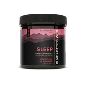 Product Image for Charlotte’s Web Sleep gummies container with raspberry flavor, pink-black mountain label, 10 mg full-spectrum CBD and 3 mg melatonin per serving, 90-count dietary supplement.
