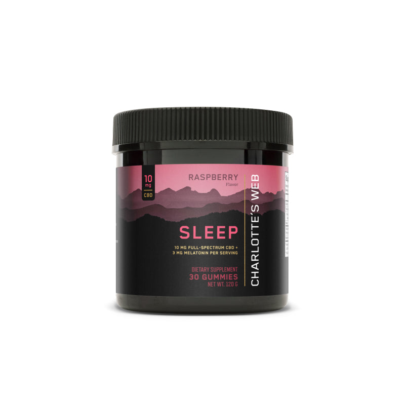 Product Image for Charlotte’s Web Sleep Gummies container with raspberry flavor, pink-purple mountain label, 10 mg CBD and 3 mg melatonin per serving, 30-count dietary supplement.