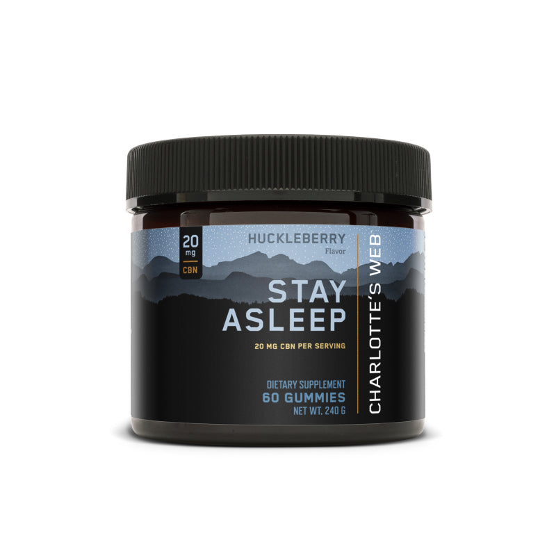 Product Image for Charlotte’s Web Stay Asleep gummies container with huckleberry flavor, blue-black mountain label, 20 mg CBN per serving, 60-count dietary supplement.