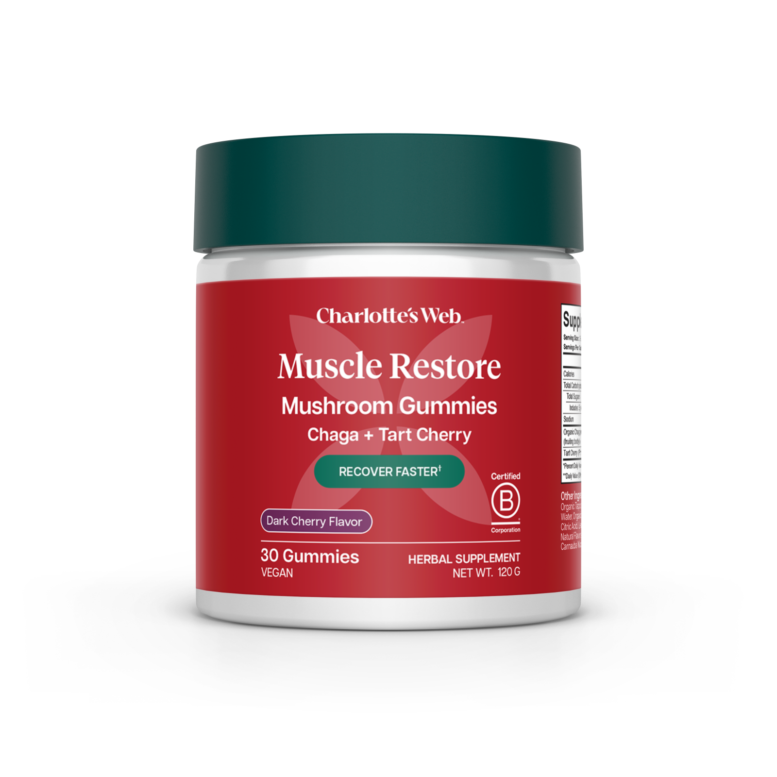 Product Image for Jar of Charlotte&#39;s Web Muscle Restore Mushroom Gummies on a white background