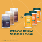 Product Image for Collection of supplement containers with a focus on &#39;Stress Support&#39; on an orange background.