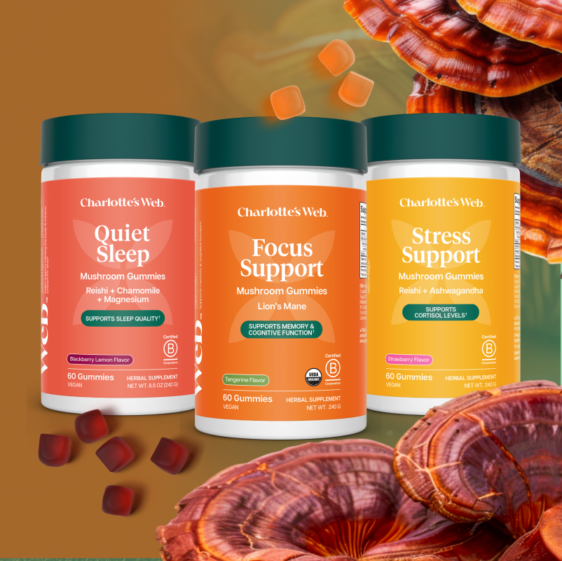 Charlotte's Web mushroom gummies containers on a brown background