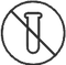 Black icon of test tube crossed out inside circular border on transparent background indicating prohibition of lab glassware or chemical testing.