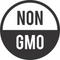 Circular Non-GMO label split into white “NON” top half and black “GMO” bottom half signifying product free from genetically modified organisms.