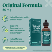 Product Image for Charlotte Web Original Formula 50 mg Oil on a teal background with product features text and icons.