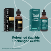 Product Image for Two bottles and their packaging of Charlotte&#39;s Web Original Formula Hemp Extract on a light blue background.