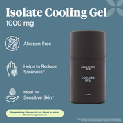 Product Image for Charlotte's Web Isolate Cooling Gel with 1000mg hemp extract on a slate blue background with product features text and icons. 
