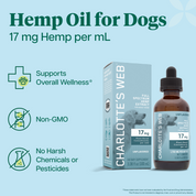 Product Image for Charlotte's Web 17mg Hemp Oil for Dogs on a light blue background with product features text and icons.