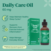Product Image for Charlotte's Web Daily Care Extract Oil 60 mg bottle on a teal background with product features text and icons.
