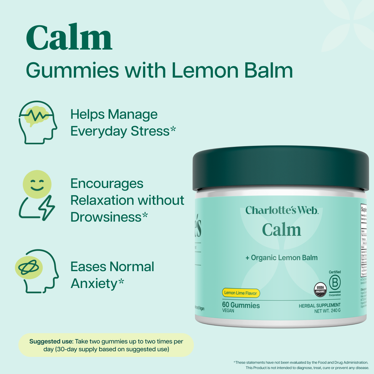 Charlotte's Web Calm Hemp gummies with organic Lemon Balm on a light teal background with product features text and icons.