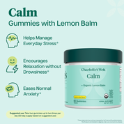 Product Image for Charlotte's Web Calm Hemp gummies with organic Lemon Balm on a light teal background with product features text and icons.