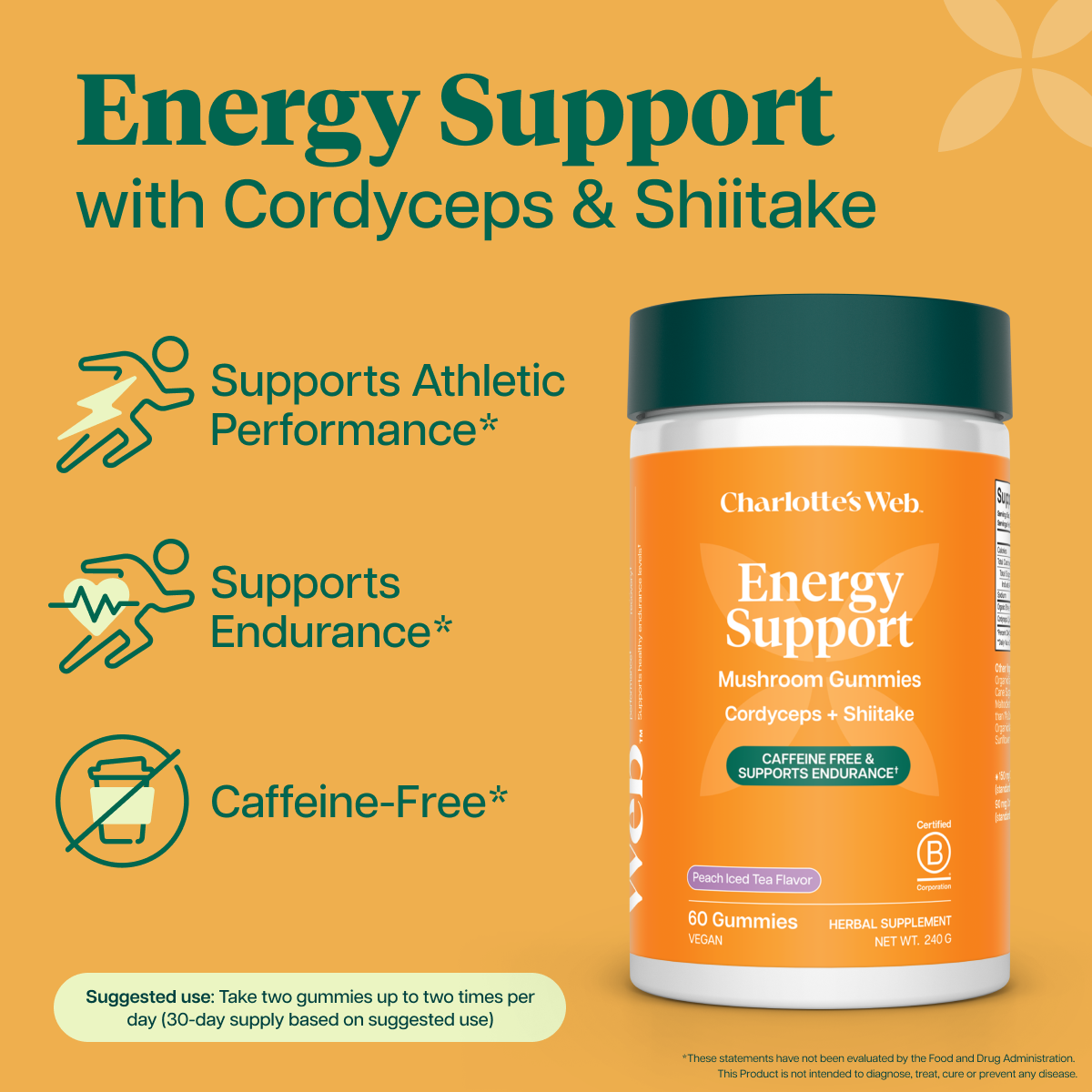 Charlotte's Web Energy Support mushroom gummies on a warm orange background with product features text highlighting support for athletic performance, endurance, and caffeine-free formula.