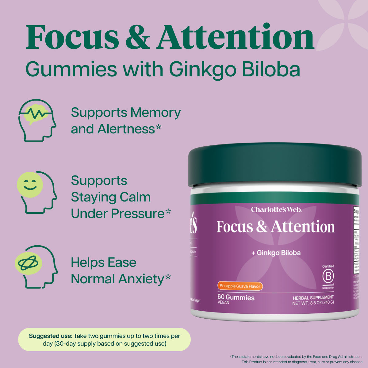 Charlotte's Web Focus & Attention gummies with ginkgo biloba, shown on a purple background with product features text and icons.