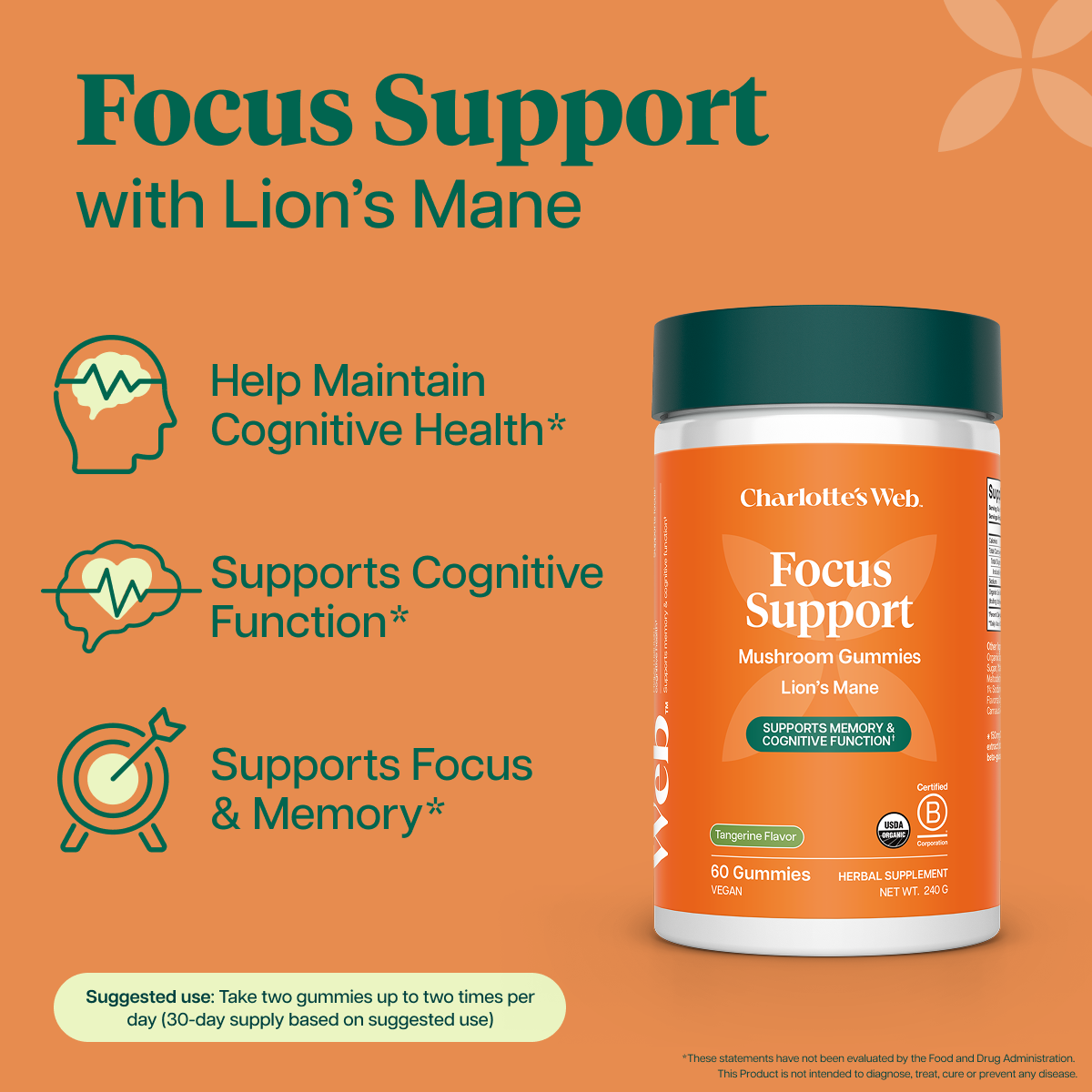 Charlotte's Web Focus Support Mushroom Gummies on an orange background with product features text and icons.