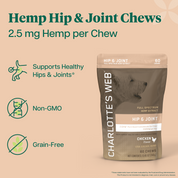 Product Image for Charlotte's Web Hemp Hip &amp; Joint Chews 60 count pouch on a beige background with green text and icons about supporting healthy hips and joints, non-GMO, and grain-free.