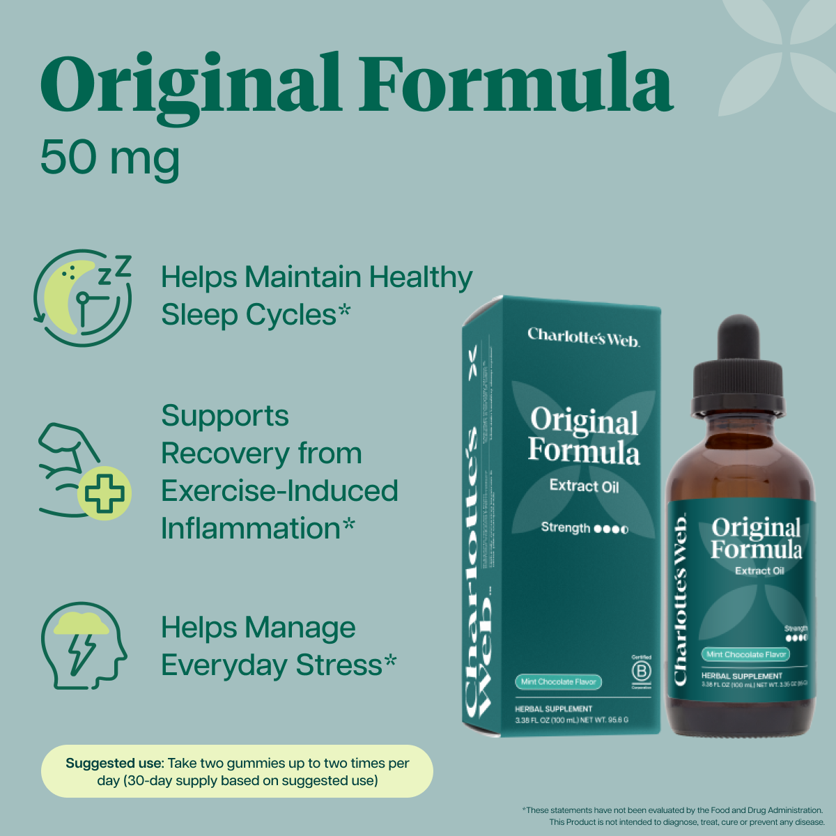 Charlotte Web Original Formula 50 mg oil on a teal background with product features text and icons.