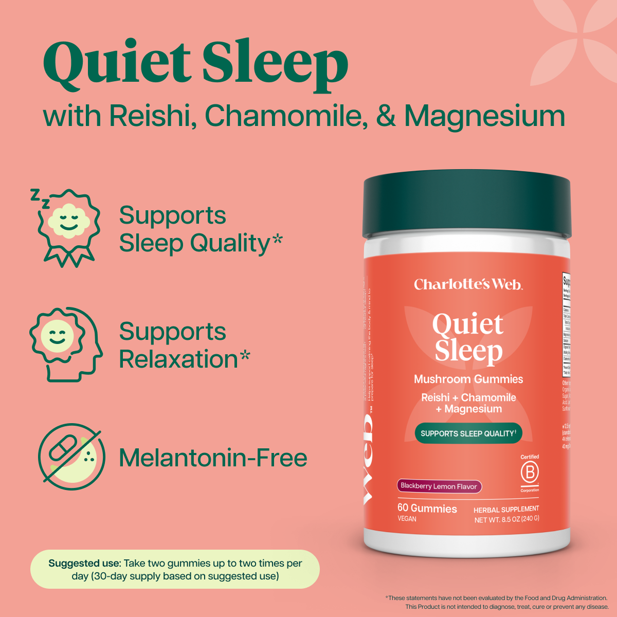 Charlotte's Web Quiet Sleep Mushroom Gummies bottle on a peach background with product features text and icons about melatonin-free sleep support.