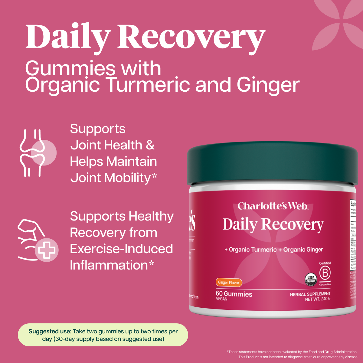 Product Image for Charlotte's Web Daily Recovery gummies jar on a pink background with text highlighting organic turmeric and ginger, joint health support, and suggested use.