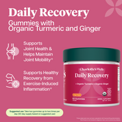 Product Image for Charlotte's Web Daily Recovery gummies jar on a pink background with text highlighting organic turmeric and ginger, joint health support, and suggested use.