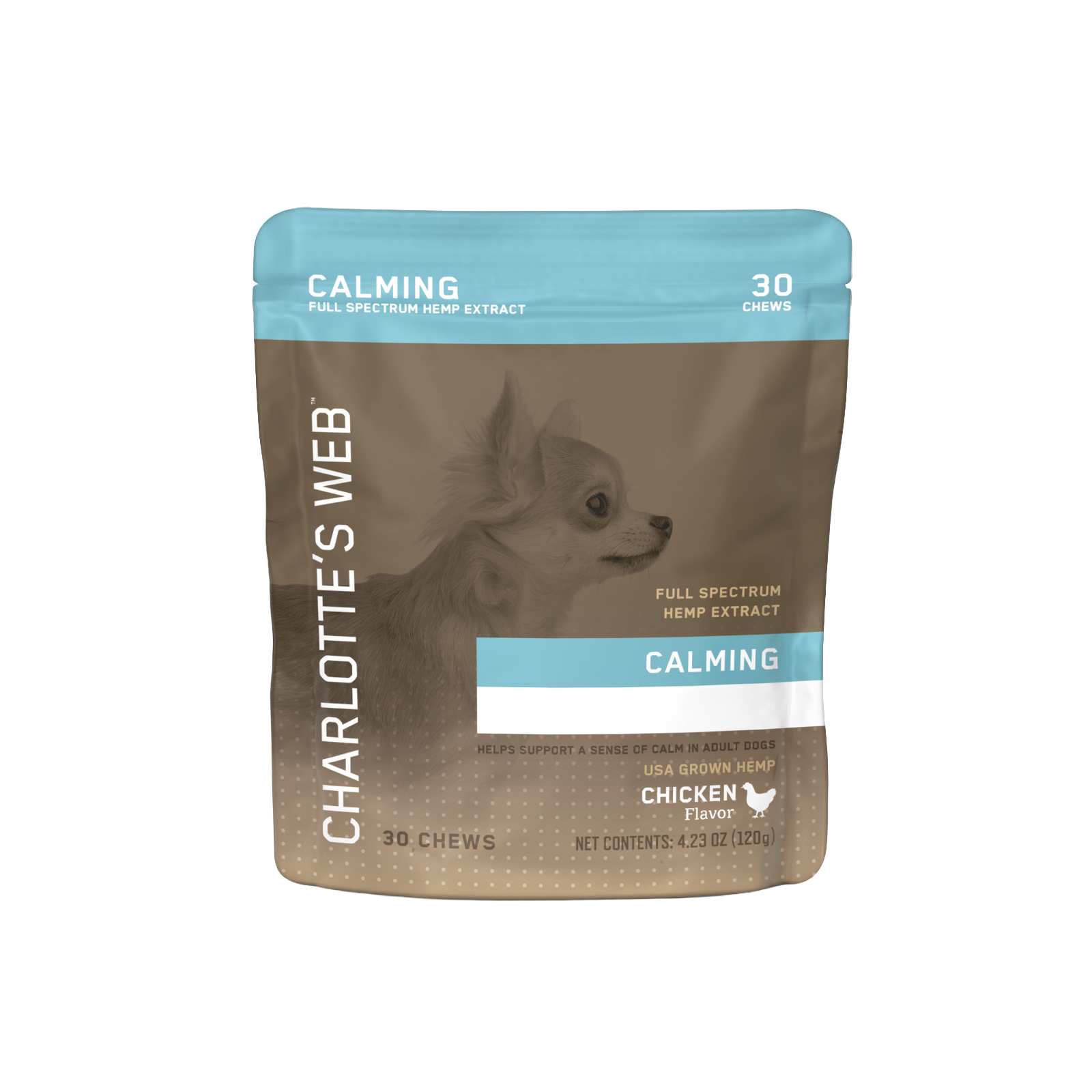 Product Image for Package of Charlotte&#39;s Web calming dog treats on a white background
