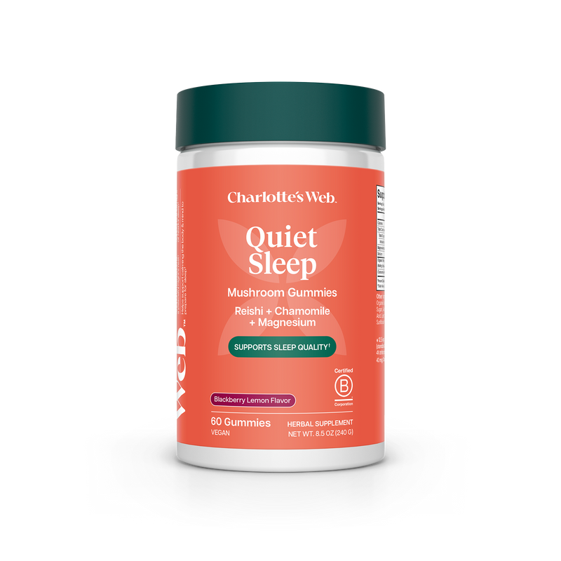 Jar of Charlotte's Web Quiet Sleep Mushroom Gummies on a white background