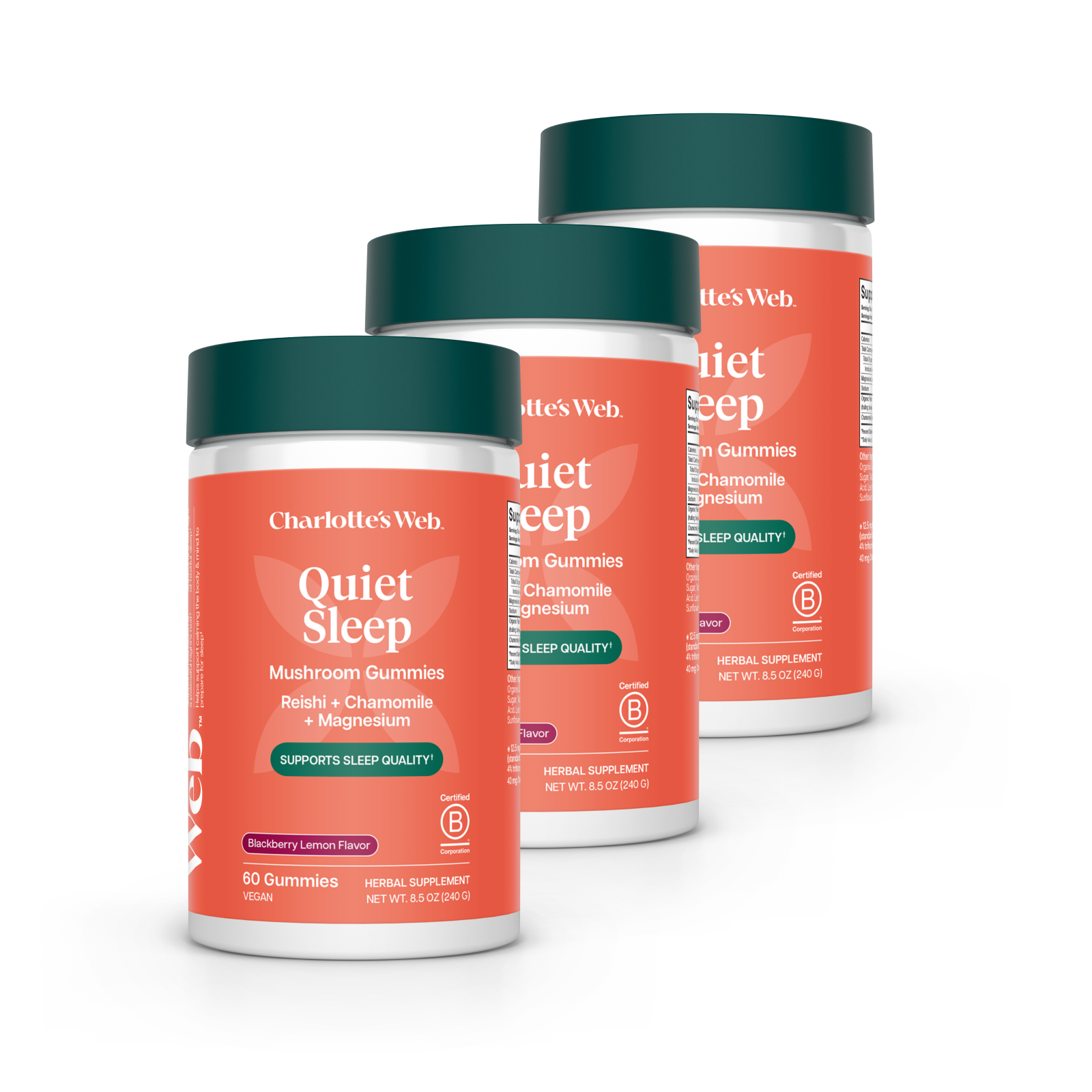 Three bottles of Charlotte's Web Quiet Sleep mushroom gummies on a white background